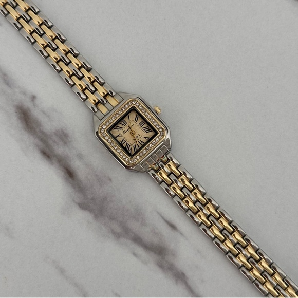 Two-Tone Luxury Square Face Vintage Watch with Crystal Accents - Picture 4 of 5
